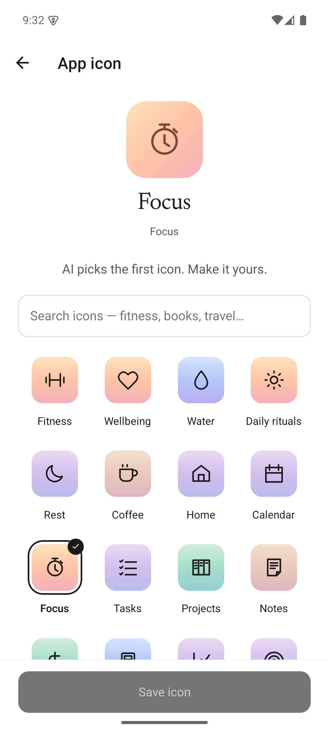 The icon picker in the Android app.
