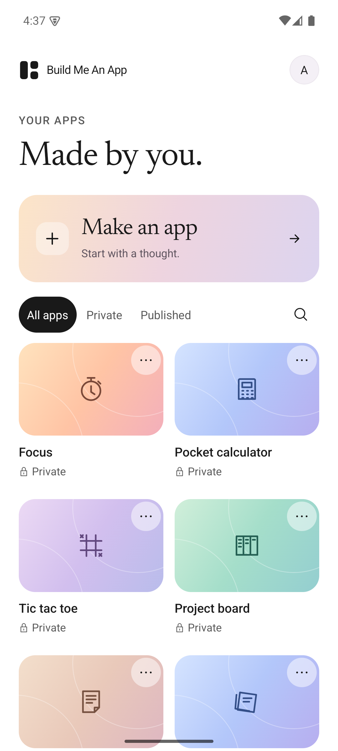 The Build Me An App library, with Make an app, Private and Published filters, and saved apps.